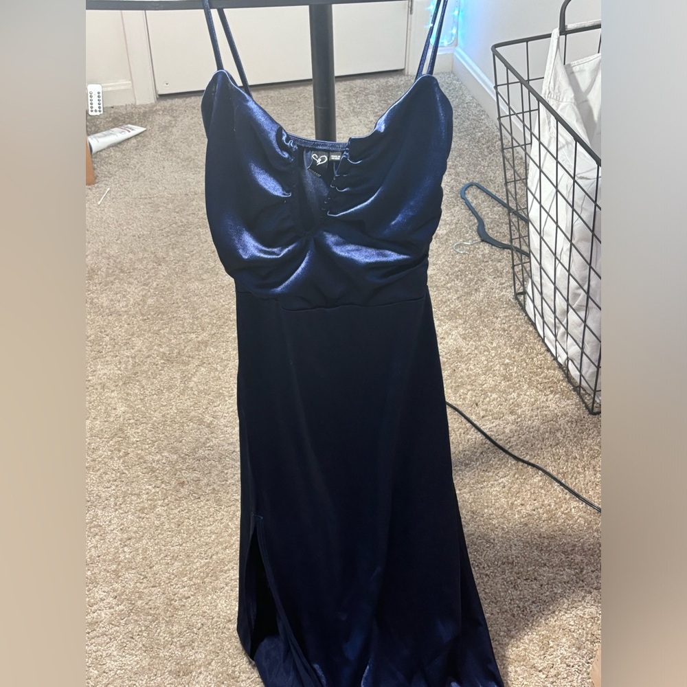 Navy Blue Long Satin Dress w/ Slit